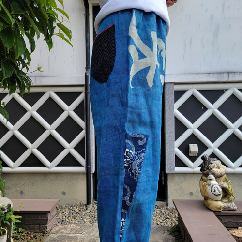 着物リメイク 古布 手作り 麻 藍に型染め パッチ パンツ