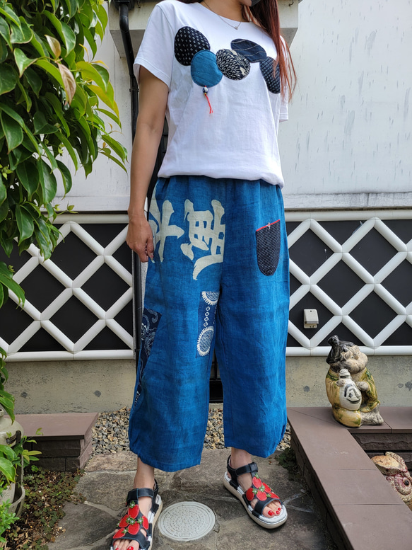 着物リメイク 古布 手作り 麻 藍に型染め パッチ パンツ ワンピース  