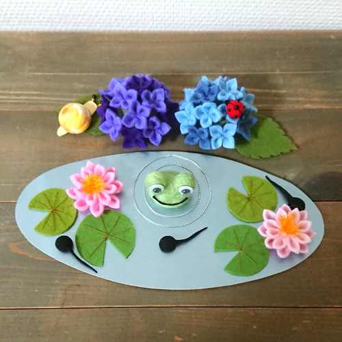 梅雨飾りE カエル 6月 睡蓮 紫陽花 羊毛フェルト ちりめん 置物 その他