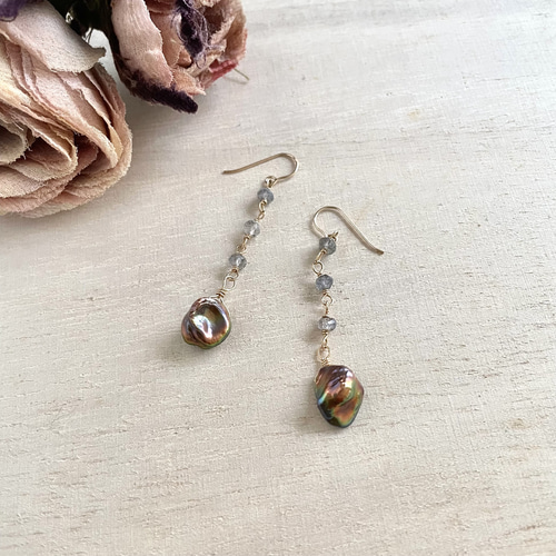 14kgf＊ 淡水パールと天然石の長めのピアス(イヤリング) ピアス