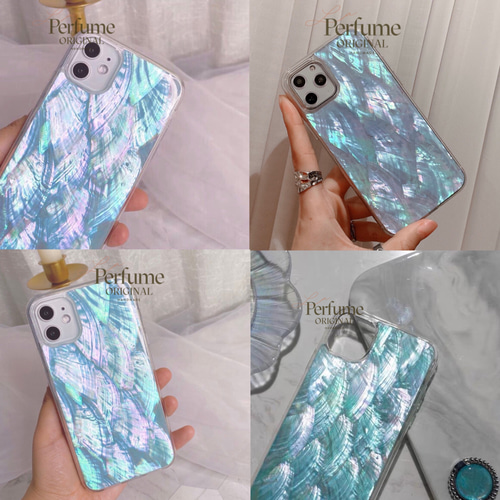 天然シェル♡キラキラ ライトブルー 青 貝 オリジナルiPhoneケース 海 夏 キラキラ天然シェル✨ライトブルー系 ナチュラルグラデーション