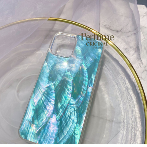 キラキラ天然シェル♡オーシャンブルー✨青 オリジナル iPhoneケース 夏 海 キラキラ天然シェル✨アクアブルー系 ナチュラル 青色 水色 貝殻 海 夏