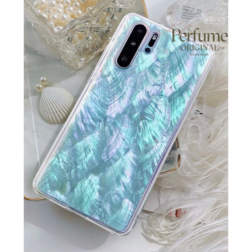 天然シェル♡キラキラ ライトブルー 青 貝 オリジナルiPhoneケース 海 夏 キラキラ天然シェル✨ライトブルー系 ナチュラルグラデーション