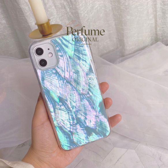 キラキラ天然シェル✨アクアブルー系 ナチュラル 青色 水色 貝殻 海 夏 スマホケース 名入れも可能♪【受注生産】 6枚目の画像