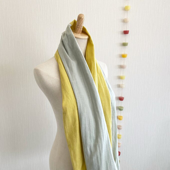 ♡日本製造♡高品質雙層紗製成的蓬鬆夢幻圍脖♡雙色長款（檸檬黃x薄荷綠） 第7張的照片
