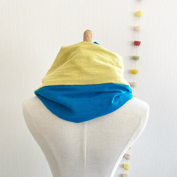 ♡日本製造♡高品質雙層紗布蓬鬆夢幻圍脖♡雙色長款（檸檬黃x綠松石藍） 第8張的照片