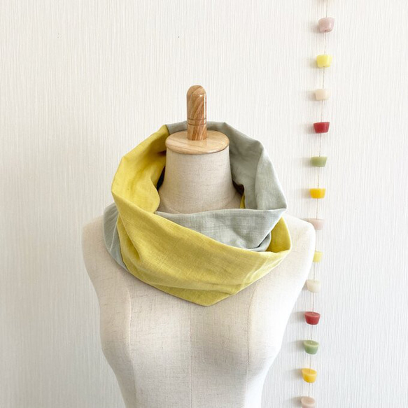 ♡日本製造♡優質雙層紗布製成的蓬鬆夢幻圍脖♡雙色（檸檬黃x薄荷綠） 第2張的照片
