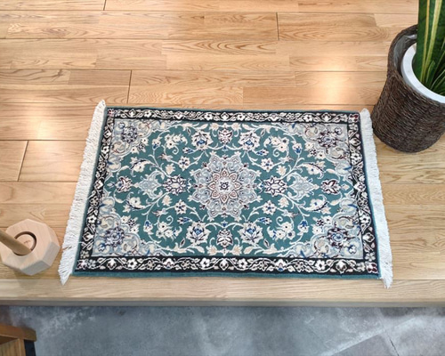 ペルシャ絨毯 ナイン産 マット グリーン 80×50cm 手織り絨毯