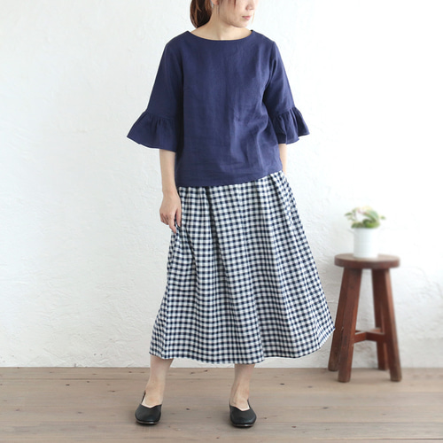 45R チェック柄　リネンタックワイドパンツ　ロングキュロット　サイズ2 リネン タックワイドパンツ スカーチョ （ギンガムチェック