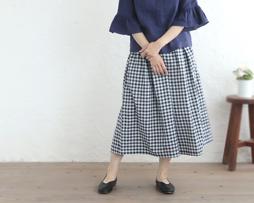 45R チェック柄　リネンタックワイドパンツ　ロングキュロット　サイズ2 ギンガムチェック』リネンのタックワイドパンツ キュロット