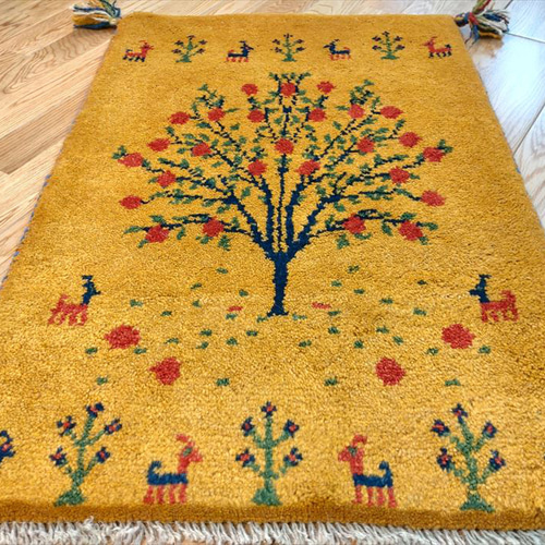 ペルシャ ギャッベ ザクロの木 76x51 黄金色 ギャベ RD12641