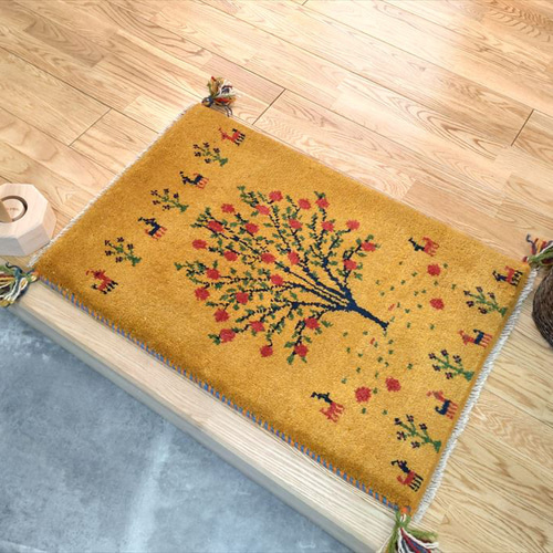 ペルシャ ギャッベ ザクロの木 76x51 黄金色 ギャベ RD12641 ギャベ