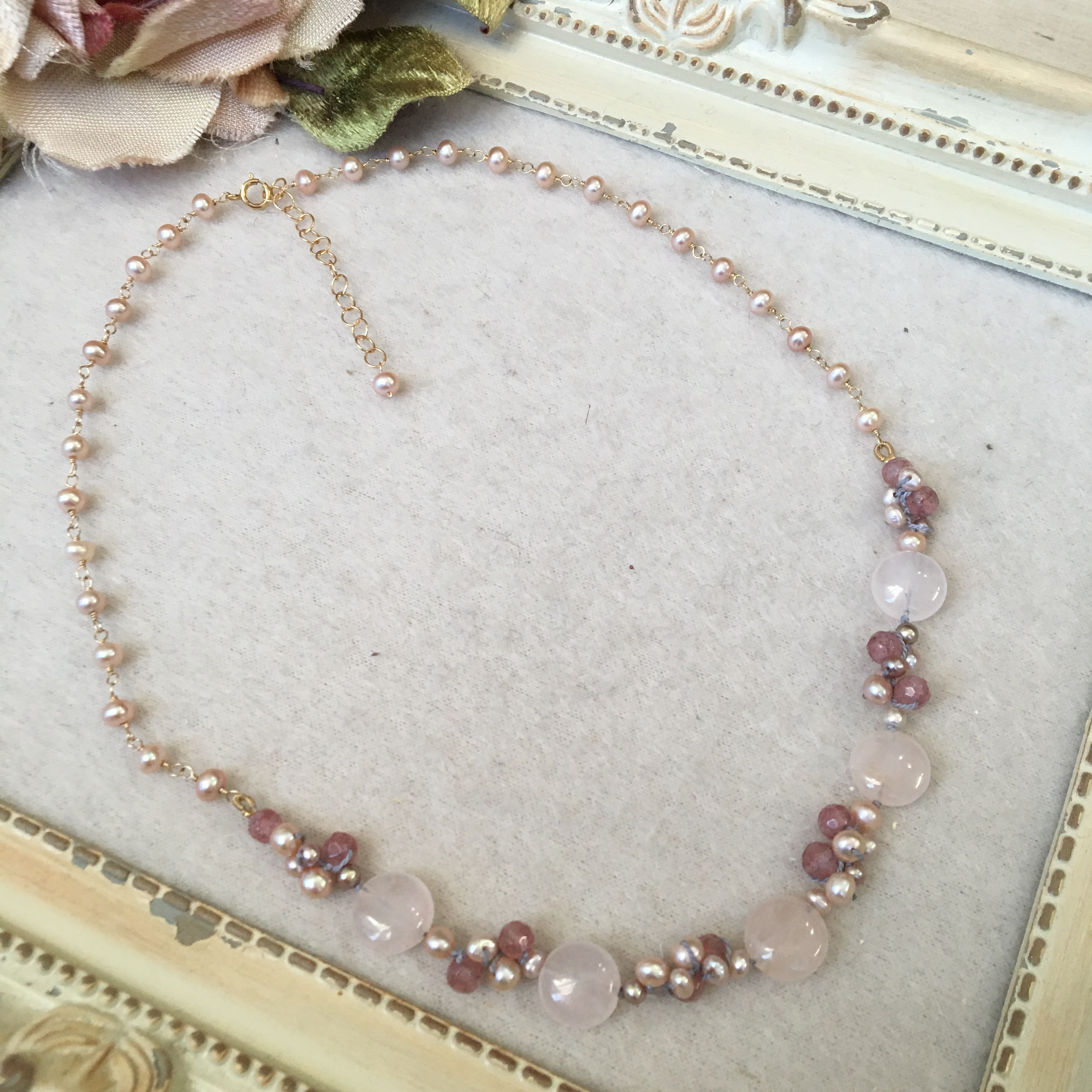 ＊14kgf＊　天然石と淡水パールのネックレス sn-001