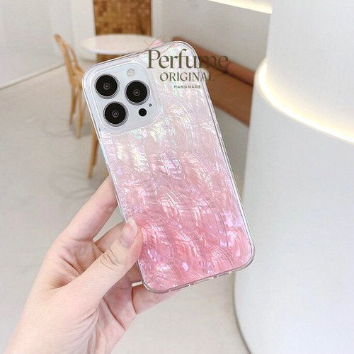天然シェル♡キラキラ ピンク グラデ 貝 オリジナルiPhoneケース 海 夏 キラキラ天然シェル✨ ピンクグラデーション パールチェーン付き