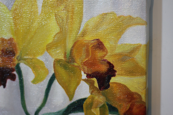 お花絵画 イエローのカトレヤ 蘭 キャンバス 15x15cm Oil on canvas 4枚目の画像