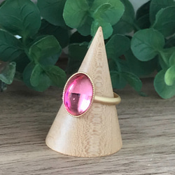 華やかピンクガラスの指輪/スワロフスキー製カボションビンテージ/シンプル 1枚目の画像