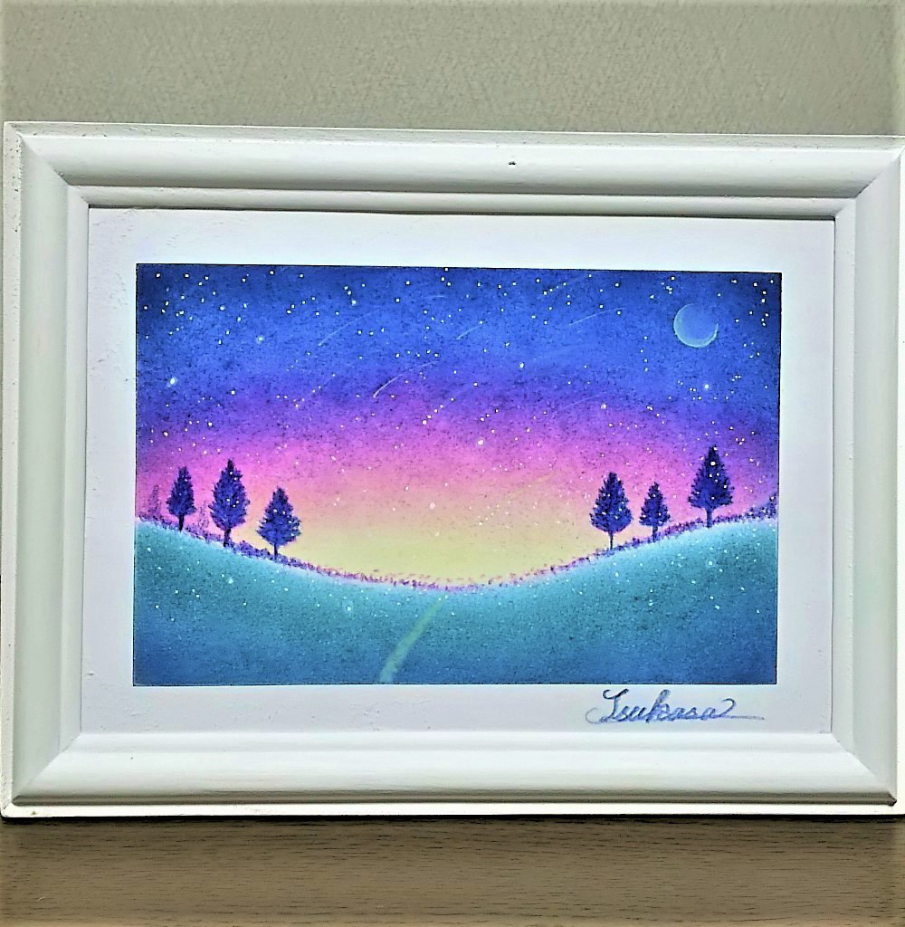 原画1点限り】日暮れの山 小さなパステル画 絵画 はやの みほ