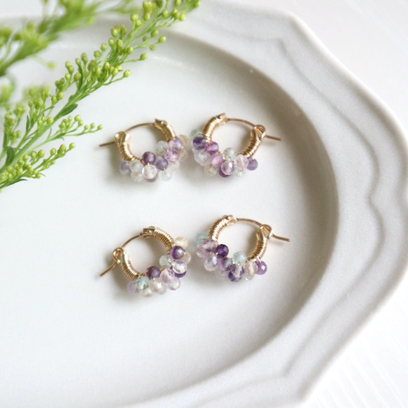 ｛｛ピアス/イヤリング｝14kgf /petit berries hoops フローライト 9枚目の画像