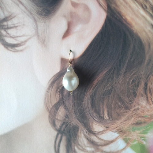 バロック オイスター パール 大粒　 14kgfグリッターフックピアス バロック ストア オイスター パール 大粒 14kgfグリッターフックピアス