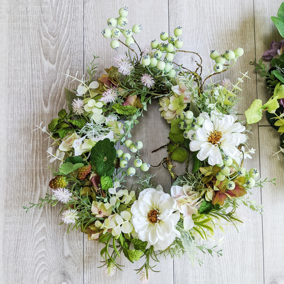 NaturalGardenWreath☆Pink＆Green～ジニア×ベリー×ハイドレンジア ギフト 母の日 お祝い 2枚目の画像