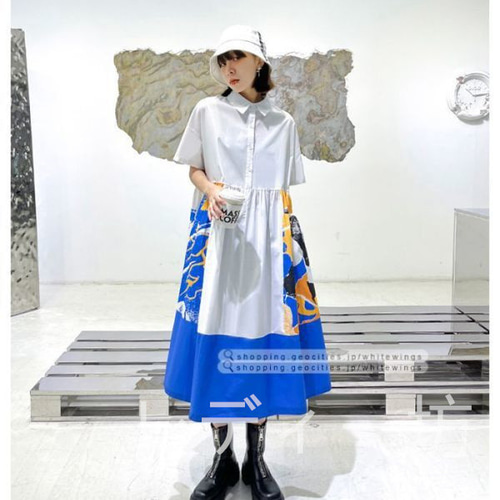 ワンピース レディース ロング丈 半袖 モード アメカジ 黒 欧米