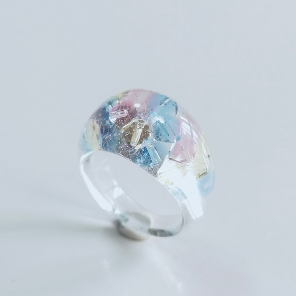 sample sale　〜青い鳥の涙　ティアドロップリング〜  クリア　レジン　スワロフスキー　タンザナイト　ガラス　花 6枚目の画像