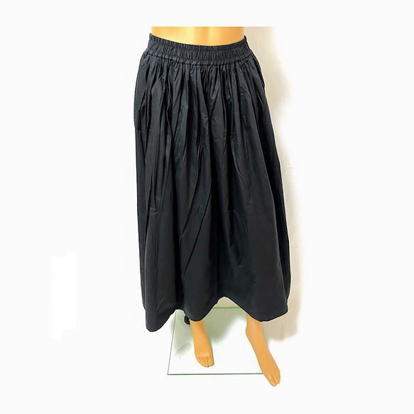 綿素材で肌触り抜群⤴ウエストゴムでギャザーたっぷり❤軽いはき心地がクセになる❤広がりすぎないふんわりスカート:黒ブラック 6枚目の画像