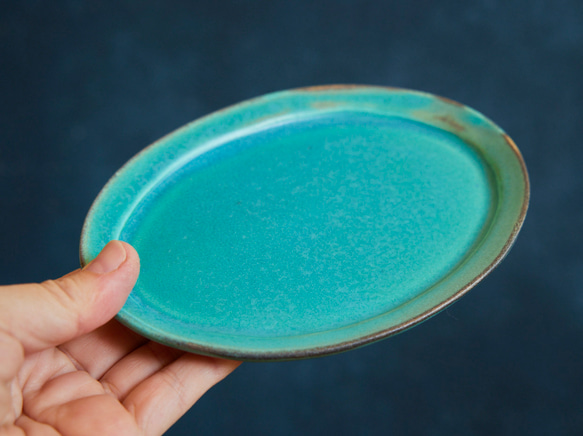エメラルドブルーの小さなオーバル皿　mo-3 11枚目の画像