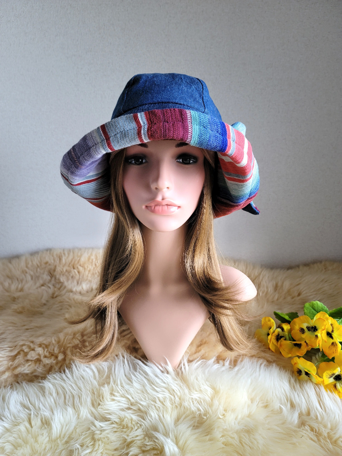フィット hat×リボン　デニム×ボーダーニット地