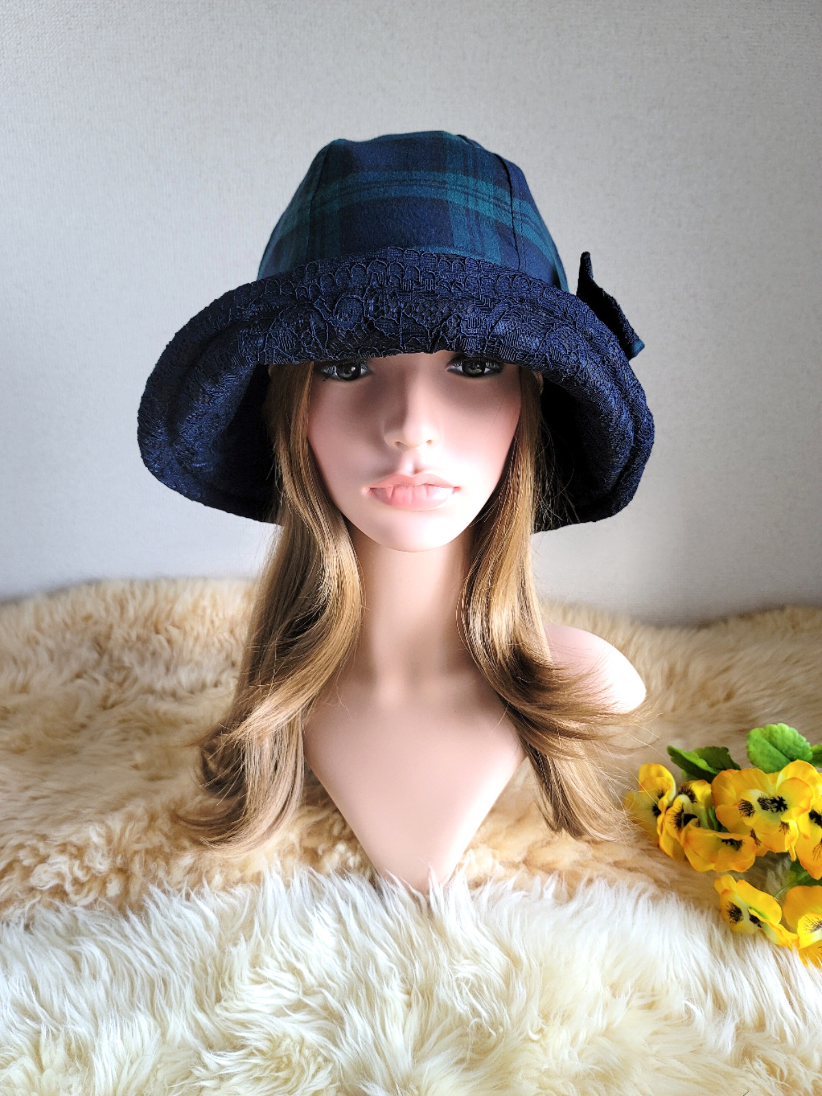 薄手★フィット hat×リボン★グリーン&ネイビーチェック