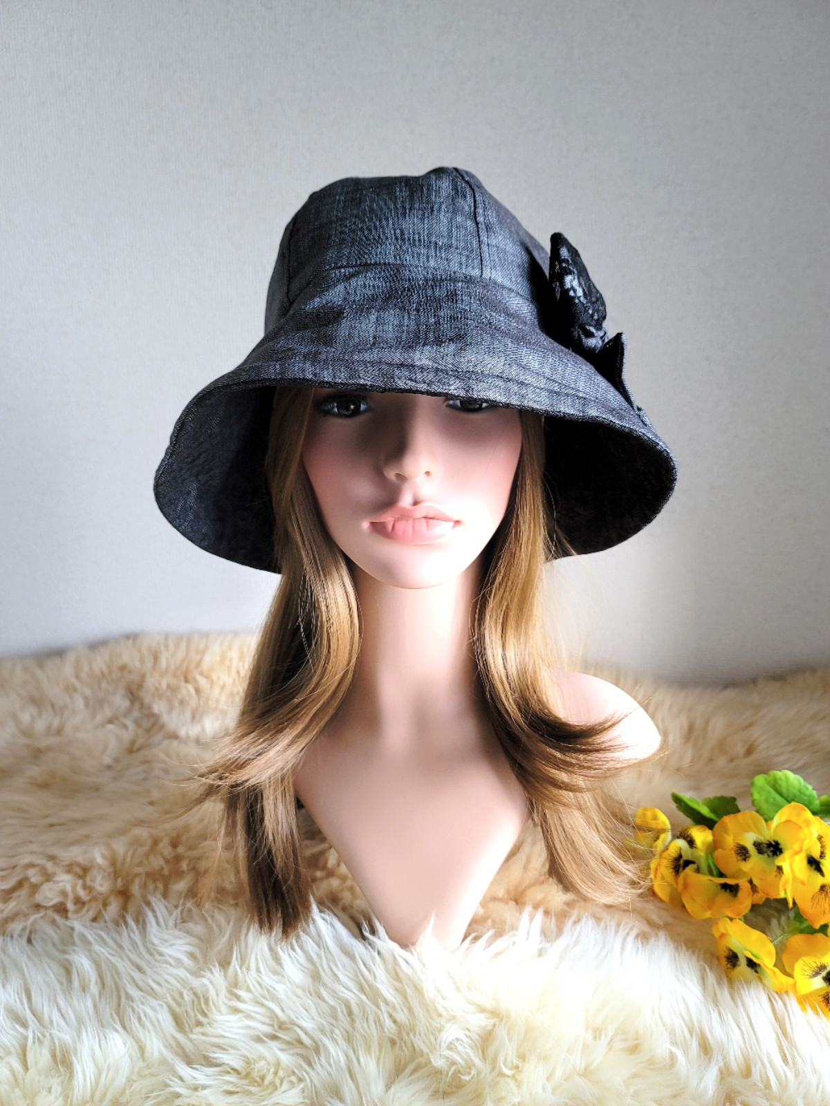 フィット hat×リボン　薄手ソフトデニム　ブラック系