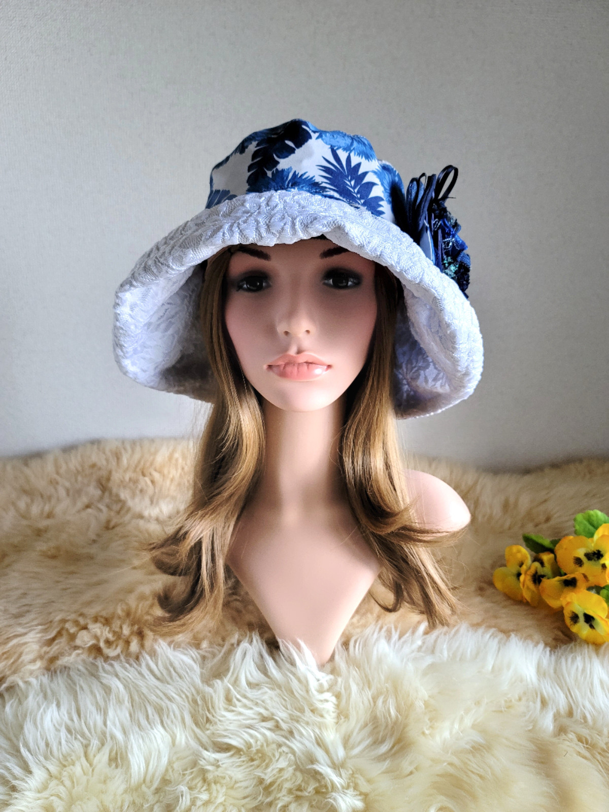 爽やかブルー★ボタニカル★日差しに負けない★ギャザーフリル 帽子★62.5㎝★