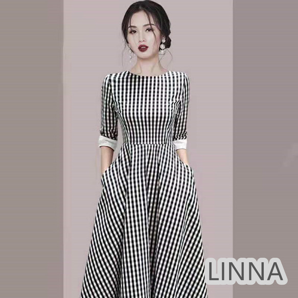 【極美品】スタイリング　チェック柄　ロングワンピース チェック服 チャイナ風チェック柄ロングワンピース ワンピース