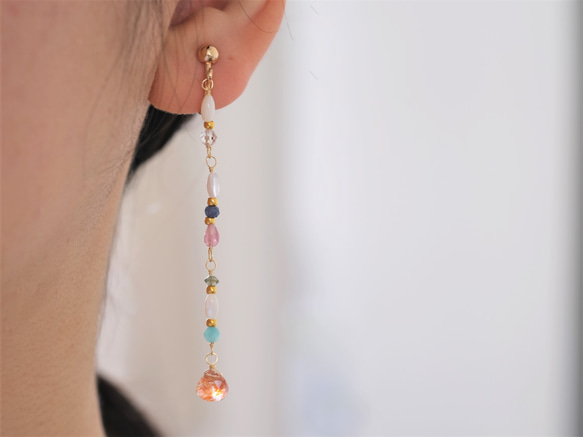 Orange sun stone long earring：サンストーン×ブルーサファイア×ピンクトルマリン×アマゾナイ 3枚目の画像