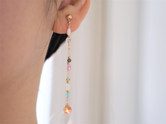 Orange sun stone long earring：サンストーン×ブルーサファイア×ピンクトルマリン×アマゾナイ 5枚目の画像