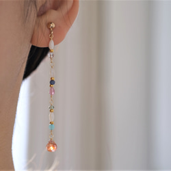 Orange sun stone long earring：サンストーン×ブルーサファイア×ピンクトルマリン×アマゾナイ 6枚目の画像