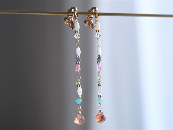 Orange sun stone long earring：サンストーン×ブルーサファイア×ピンクトルマリン×アマゾナイ 7枚目の画像