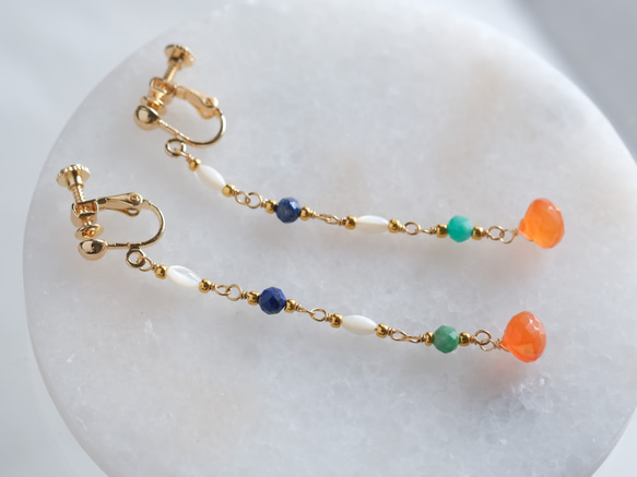 Carnelian drop earring：カーネリアン×ラピスラズリ×アマゾナイト×シェル　天然石ロング 4枚目の画像