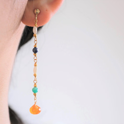 Carnelian drop earring：カーネリアン×ラピスラズリ×アマゾナイト×シェル　天然石ロング 7枚目の画像