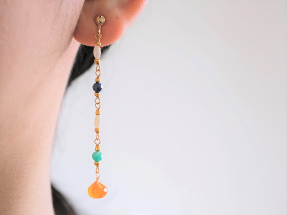 Carnelian drop earring：カーネリアン×ラピスラズリ×アマゾナイト×シェル　天然石ロング 7枚目の画像