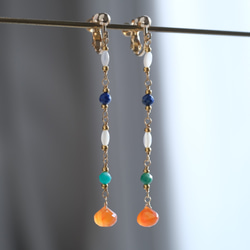 Carnelian drop earring：カーネリアン×ラピスラズリ×アマゾナイト×シェル　天然石ロング 6枚目の画像