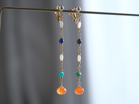 Carnelian drop earring：カーネリアン×ラピスラズリ×アマゾナイト×シェル　天然石ロング 6枚目の画像