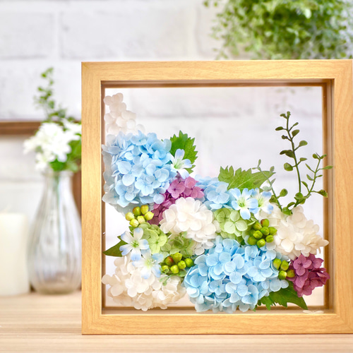 ドライフラワー☆可愛いフレームアレンジメント☆ラムズイヤー紫陽花