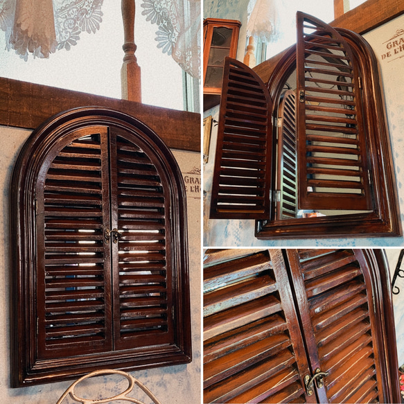 アンティークな部屋/ ルーバーミラー 扉鏡（ブラウン） 大型 壁掛け鏡