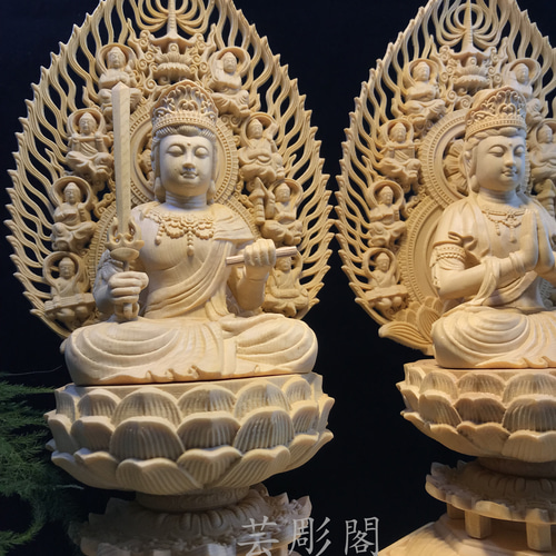 文殊菩薩 普賢菩薩一式 八角台座 仏教工芸品 木彫仏像 彫刻 芸彫閣