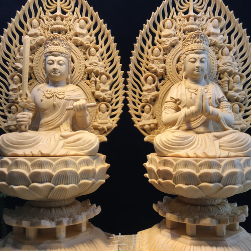 文殊菩薩 普賢菩薩一式 八角台座 仏教工芸品 木彫仏像 彫刻 芸彫閣