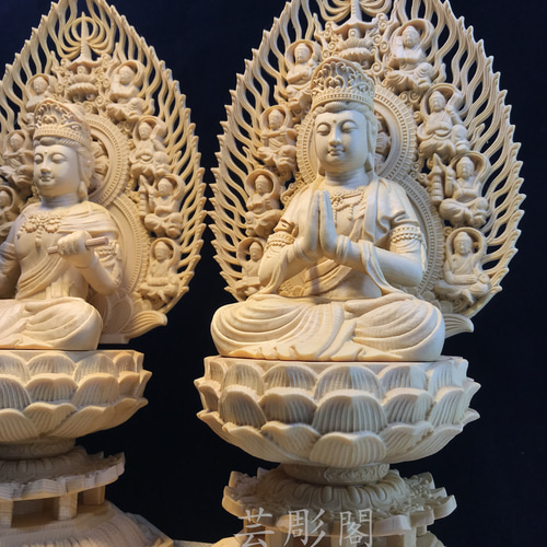 文殊菩薩 普賢菩薩一式 八角台座 仏教工芸品 木彫仏像 彫刻 芸彫閣