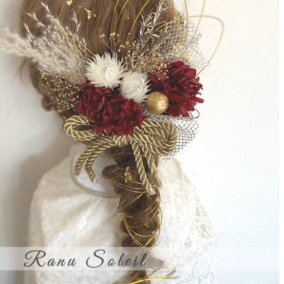 ヘッドドレス　RED gold W ribbon結婚式　卒業式　プリザーブドフラワー　ドライフラワー　成人式　振袖　袴 3枚目の画像