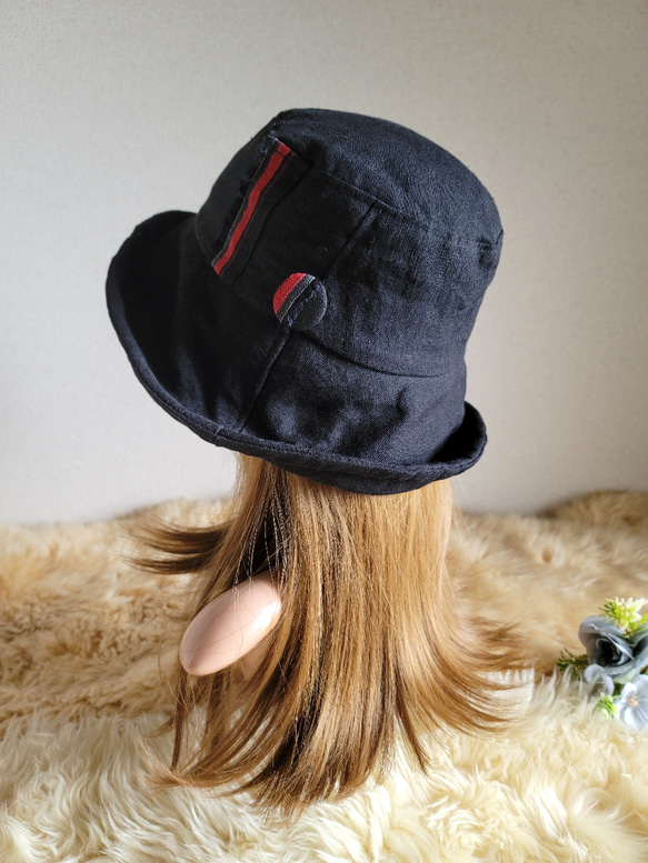 リネン帽子　ブラック★ひとつ持っていると便利なプレーン帽子★くるみボタン　リネン100% 7枚目の画像