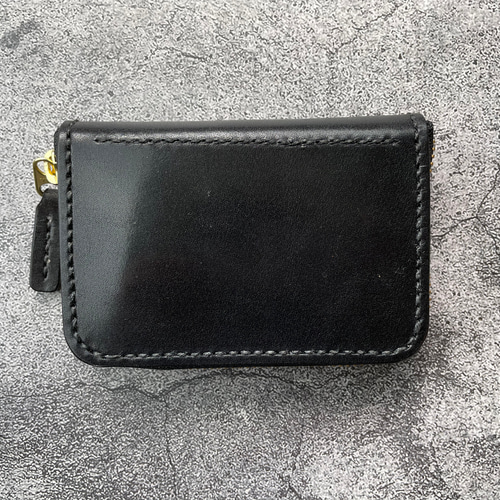 手縫】黒色ミニラウンドジップ本革財布（黒色麻糸）通勤通学用に